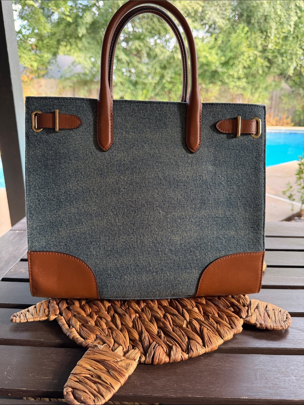Ralph Lauren Denim Tote with Brown Leather Trim and Handles - Picture 3 of 8